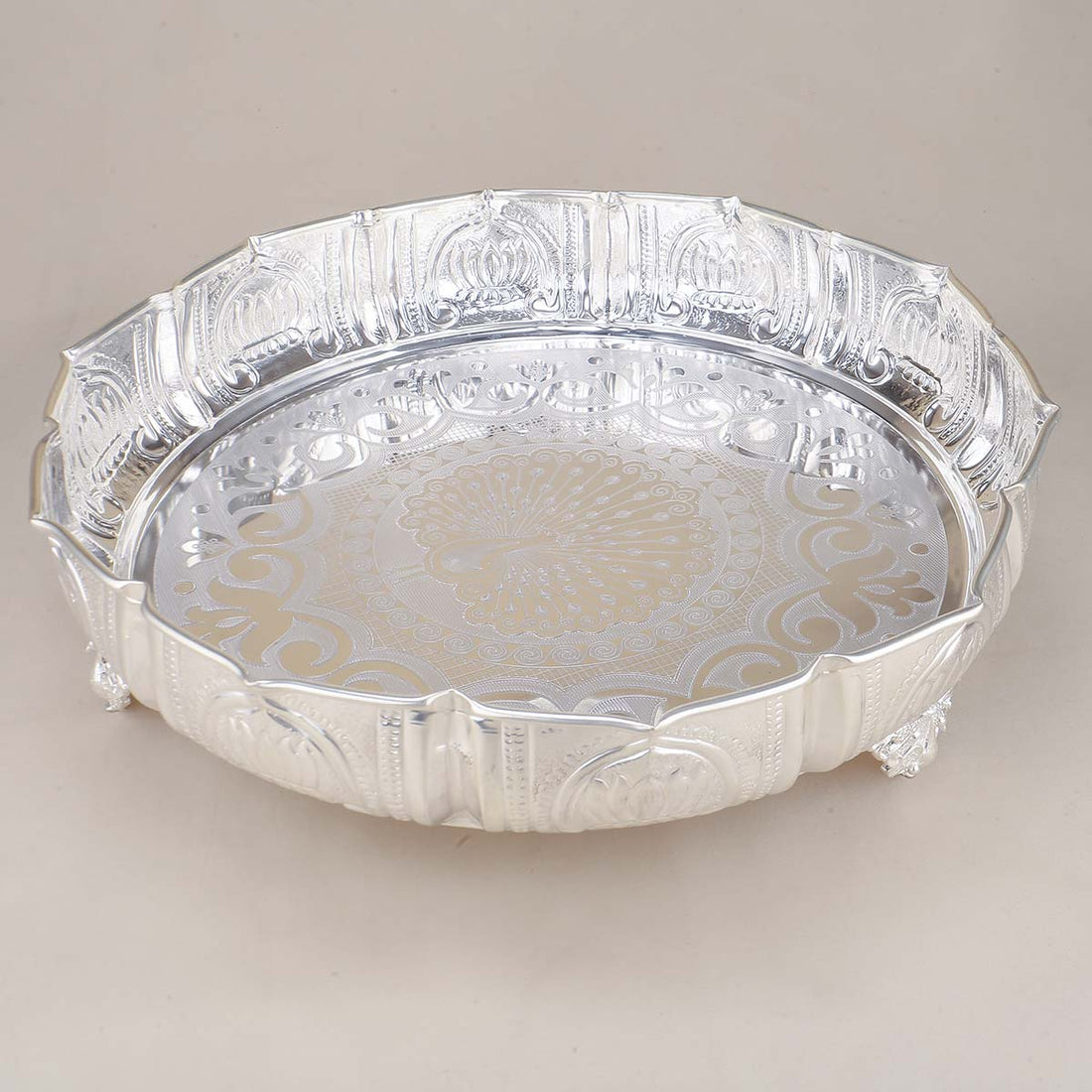 Peacock Designed Silver Pooja Plate