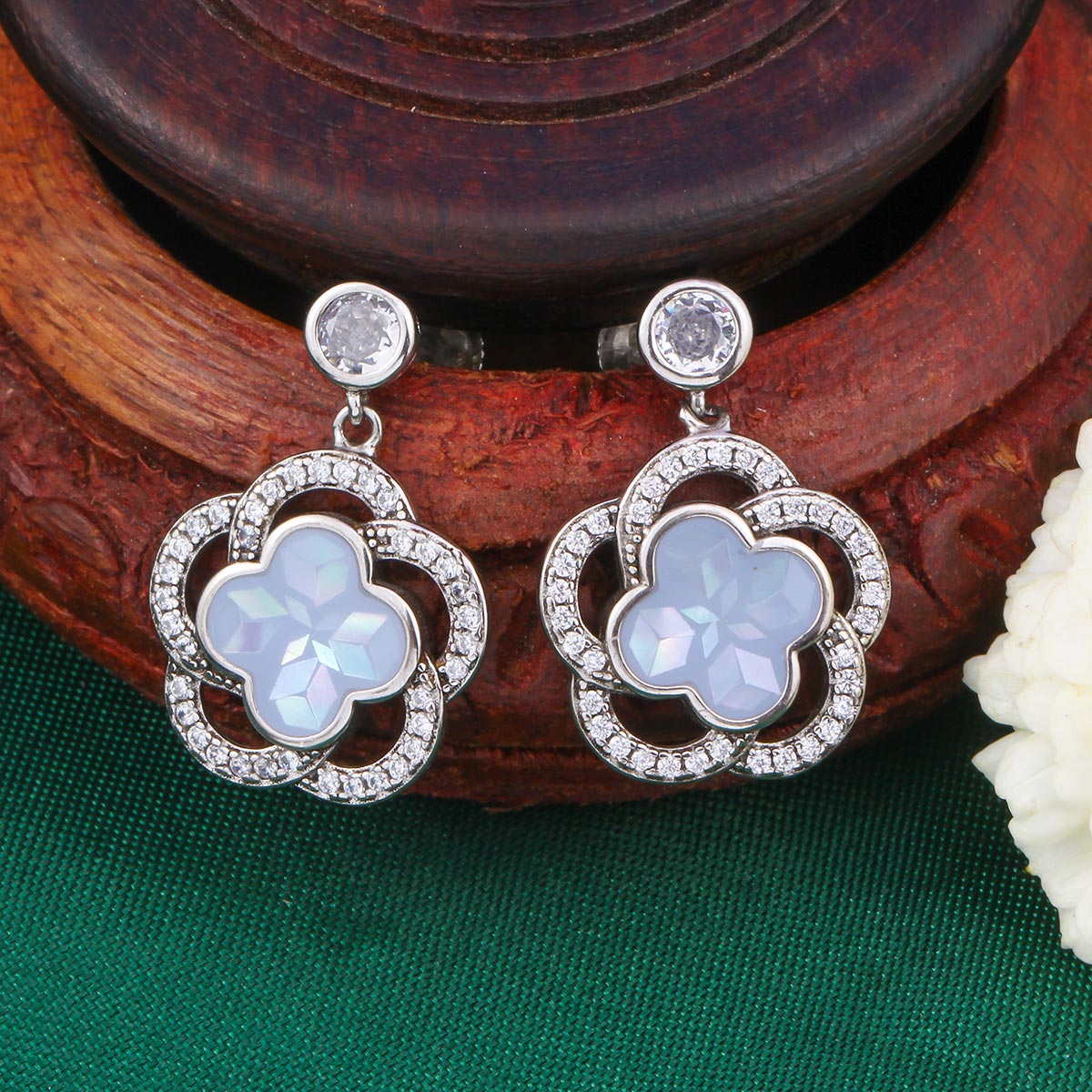 Floral Silver Long Earrings